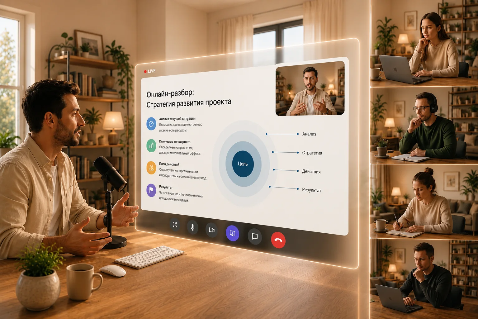 Специалист ведёт живую конференцию, платформа транслирует эфир, участники подключаются онлайн